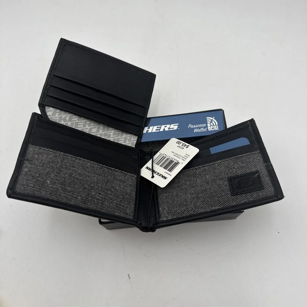 Skechers Twill Passcase Bifold Wallet Vegan Leather Trim RFID‎ Protection